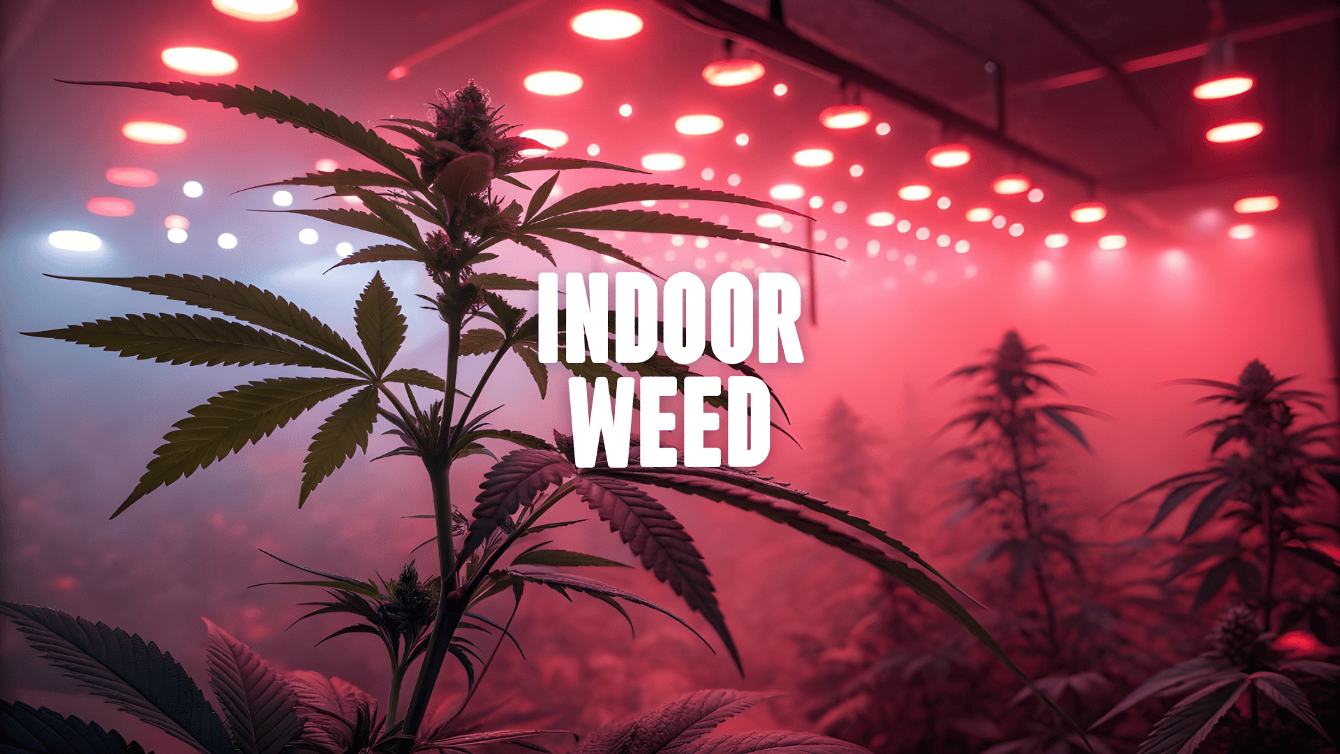 Cannabis Plant under a red light with more plants in the background