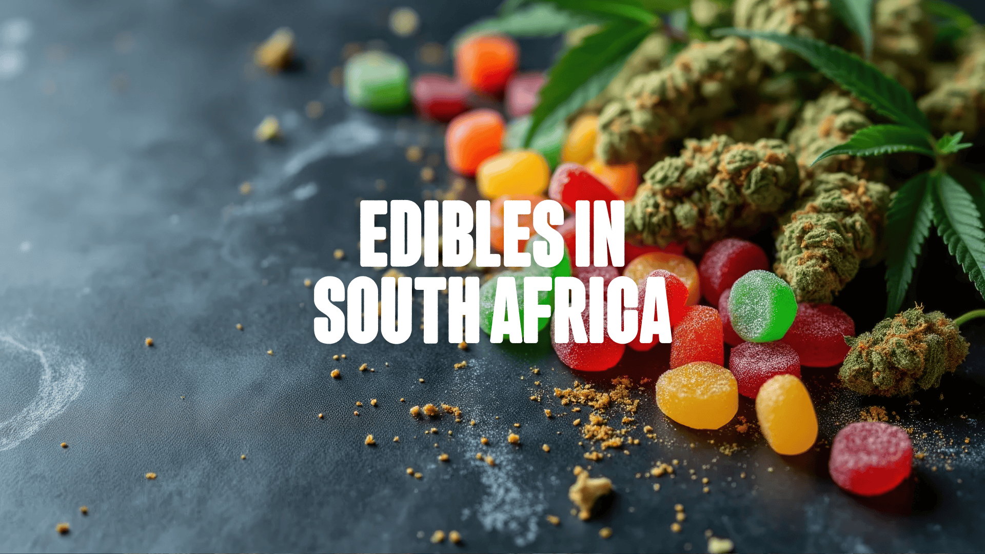 Colorful gummies in front of weed buds