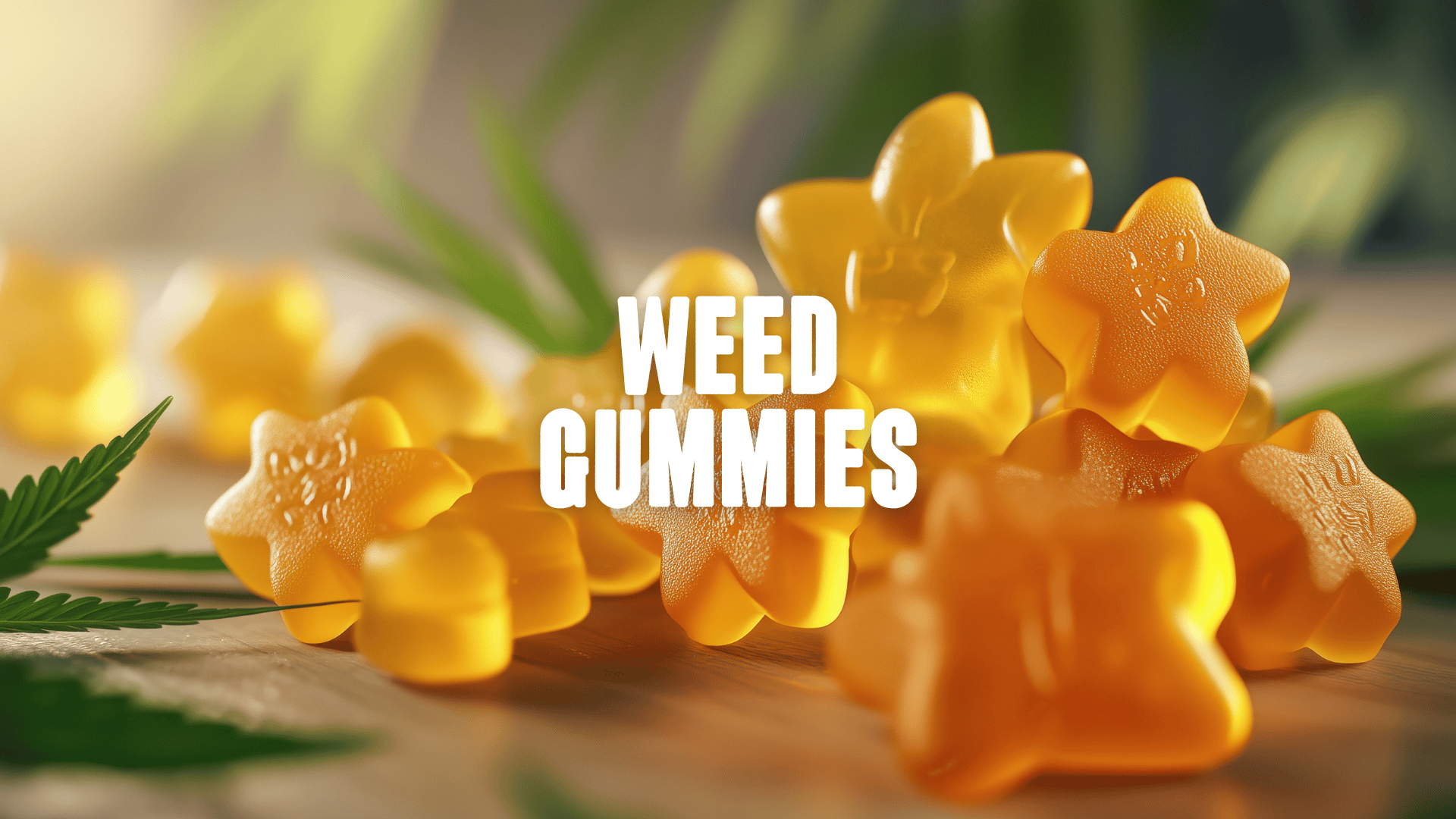 Yellow gummies with cannabis leaf in the background