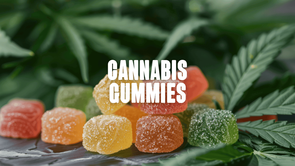 gummies with a cannabis leaf in the background